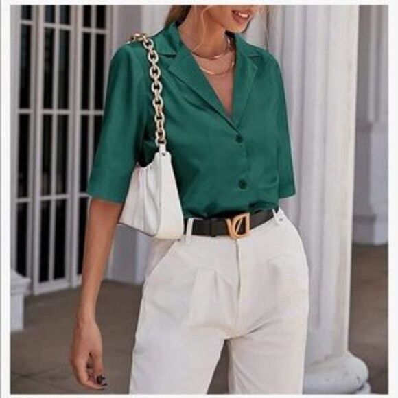New Satin Silk Button Down Classic V Neck Shirt - Picture 1 of 5